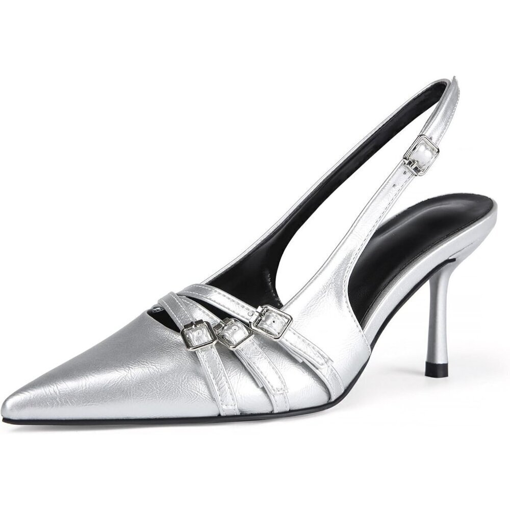 🆕Women Sliver Stiletto Heels Pointed Toe Slip On Pumps Closed Toe Heeled Sandal